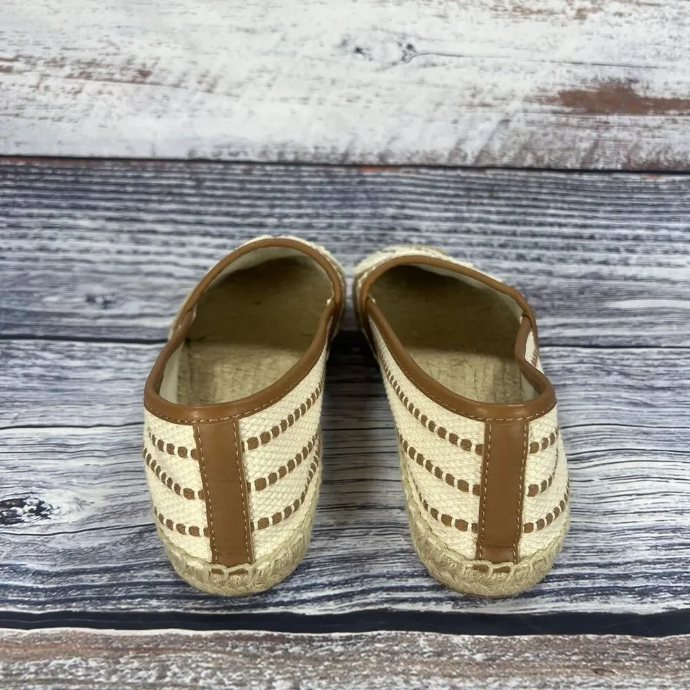 NEW Tory Burch Shaw Espadrille White Tan Logo Canvas Flats Women’s Size 10